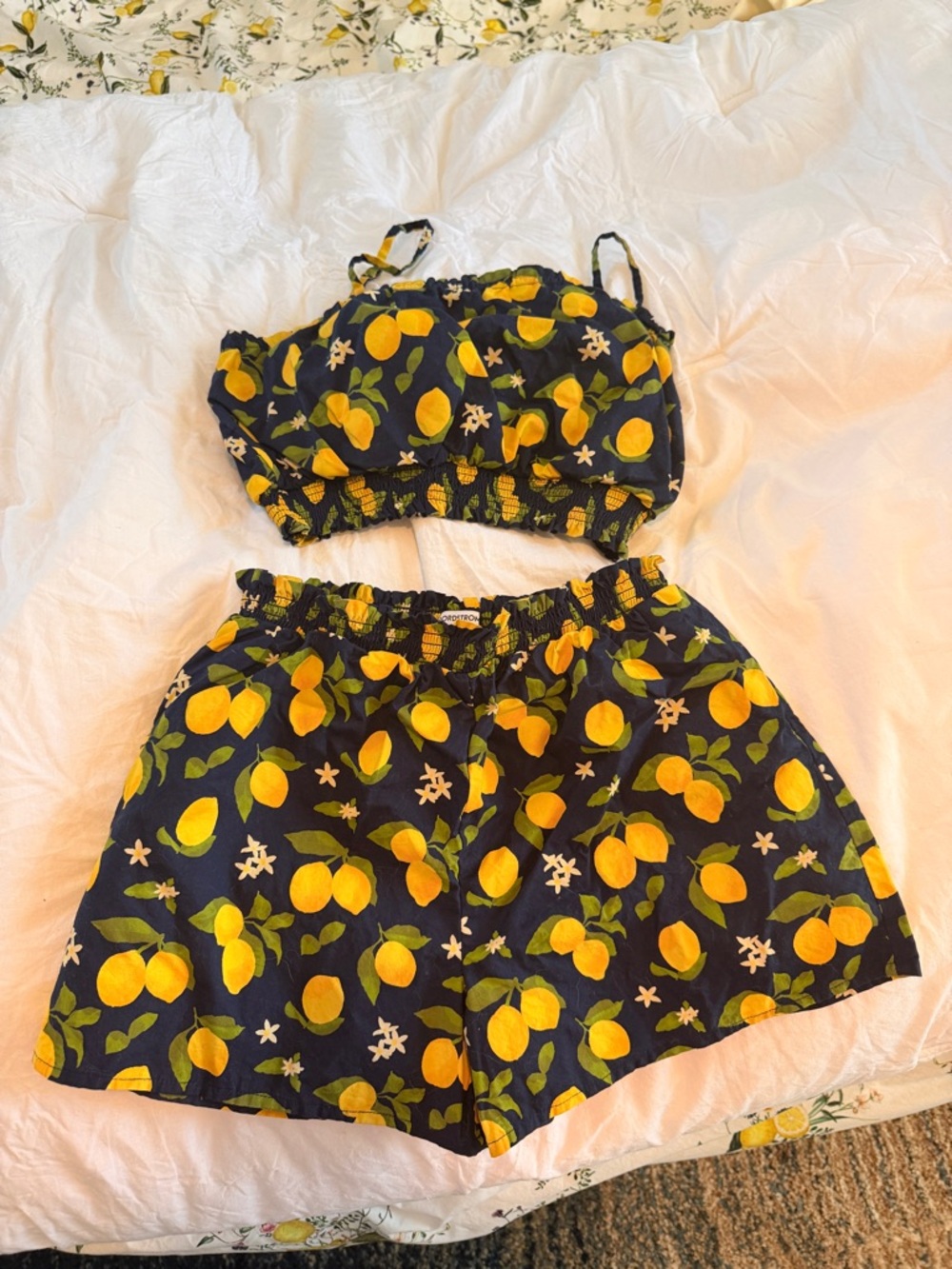 Nordstrom Navy Floral Lemon Print Short and crop top set